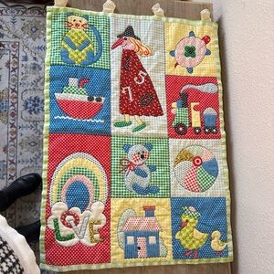 VTG Colorful Quilted Baby Blanket Throw Wall Hanging  Green Gingham  30” X 22”